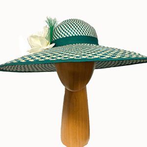 XL green ivory check fascinator hat